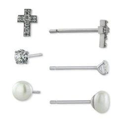 Hot Sale 😀 Giani Bernini 3-Pc. Cubic Zirconia & Cultured Freshwater Pearl (4mm) Stud Earrings In Sterling Silver, Created For Macy's 😍