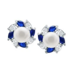 Best deal ⌛ Giani Bernini Freshwater Pearl (5mm), Lab-Created Blue Sapphire (1/3 Ct. T.w.), & Cubic Zirconia Halo Stud Earrings In Sterling Silver, Created For Macy's ✔️